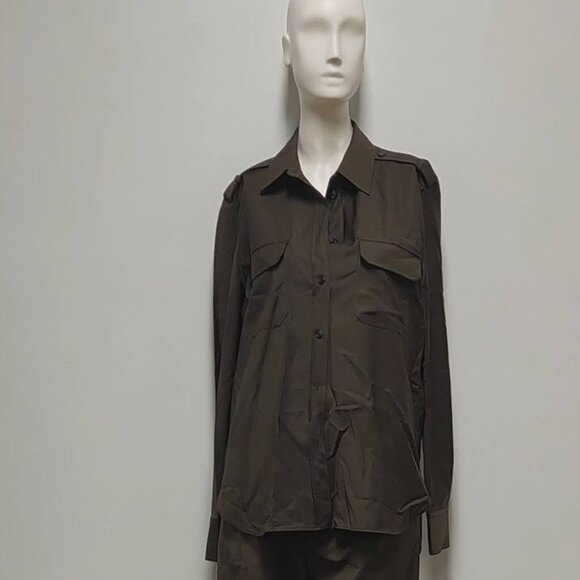 ZARA Olive Green, Military Styling, 100% Wool Crepe, L/S Dress Shirt, Size: S - Picture 2 of 14